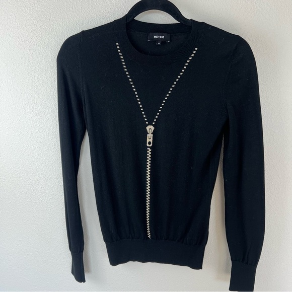 NWOT ME + EM Black and Gold Merino Wool Intarsia Zipper Jumper Sweater Women XS